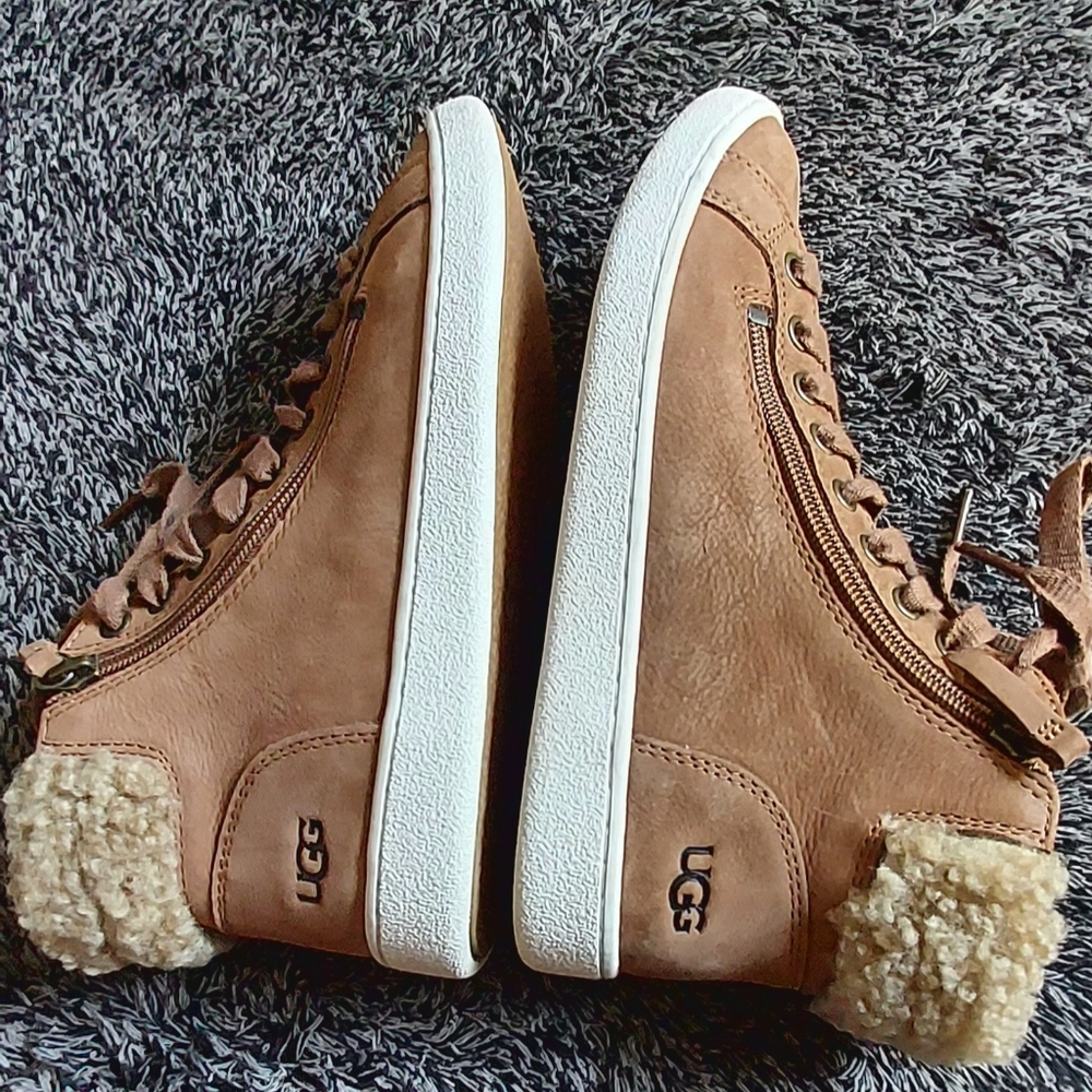 UGG Leather Brown Side Zipper Ankle Sneakers Size 7 - Picture 7 of 8
